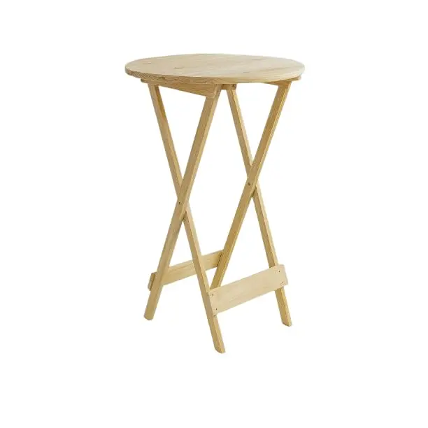 Mesa Bistrô Dobrável de Madeira Crua Envernizada(CRU/NATURAL) | Mesa alta dobrável em madeira, com tampo redondo de 50 cm e acabamento envernizado para áreas gourmet, varandas e eventos.
