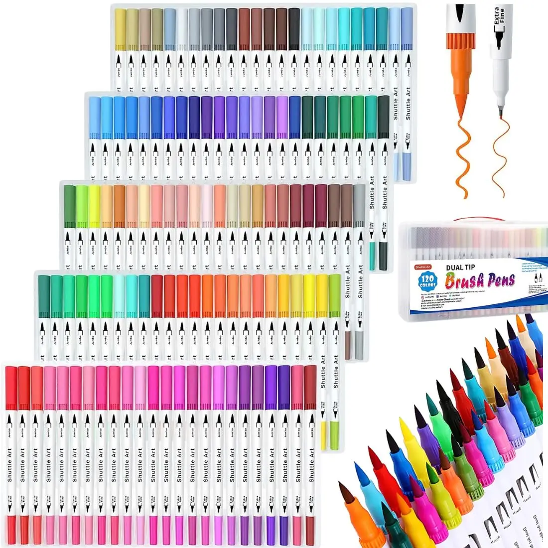 Canetas Brush Pen 120 Cores Ponta Dupla Fina e Pincel Base Água | Ponta fina 0,4mm e pincel 1–2mm, para colorir, desenhar, ilustrar, lettering e papelaria criativa