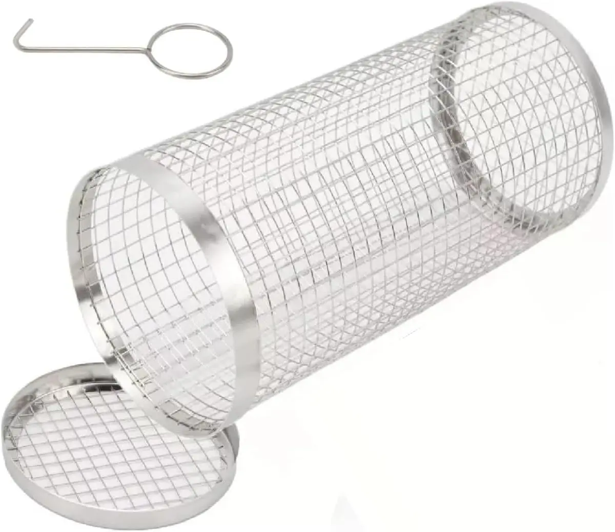 Cesto Cilíndrico Giratório para Churrasco, Aço Inox, 20,5 cm, para Legumes, Carnes e Frutos do Mar (REDONDO)