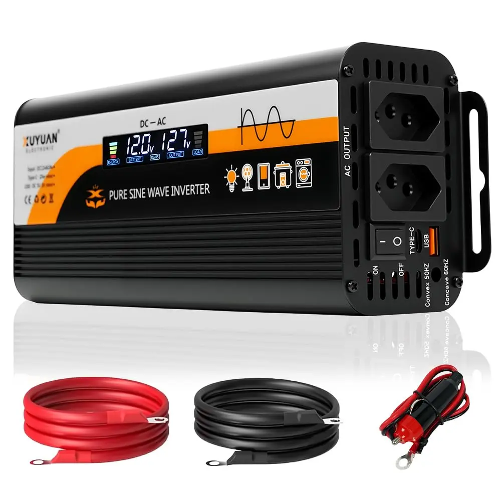 FINYQBET Inversor de Onda Senoidal Pura 3000W, Conversor 12V/24V (110V) | Saída 60Hz, com LCD e Proteções Múltiplas, TIPO C+USB, Alta eficiência de conversão, para Carros/Viagens/Casa/Escritório