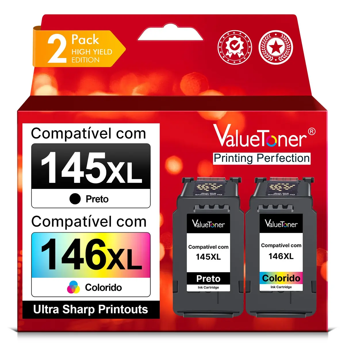 Valuetoner Cartucho de Tinta Compatível com Canon 145 146 145XL 146XL | Compatível com PG-145XL CL-146XL Compatível com MG2510 MG2410 iP2810 MG2910 TS3110 Impressora (1 Preto 1 Colorido)