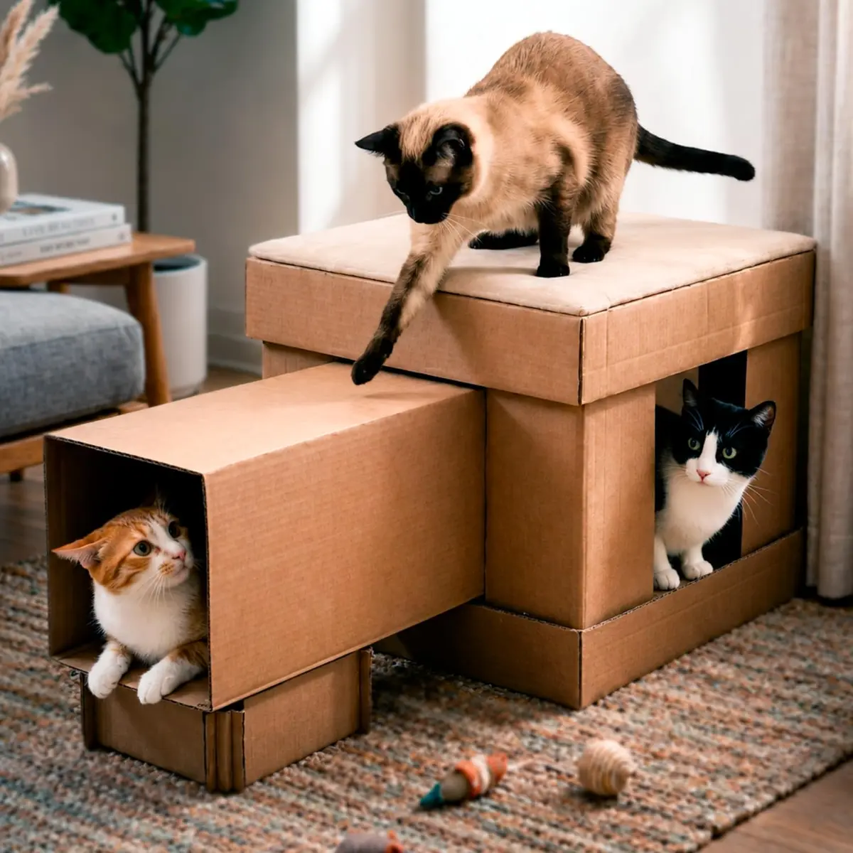 Casa de gato com túnel e arranhador duplo removível | Toca desmontável - 1