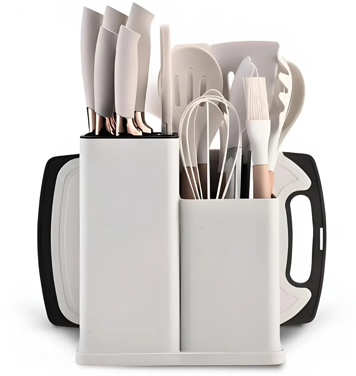 Utensilios Para Cozinha Silicone Kit 19 Peças Cabo Madeira Conjunto Completo Espátula Concha Colher Jogo Suporte Faca Antiaderente Tabua Tesoura Faqueiro PREMIUM (Branco)