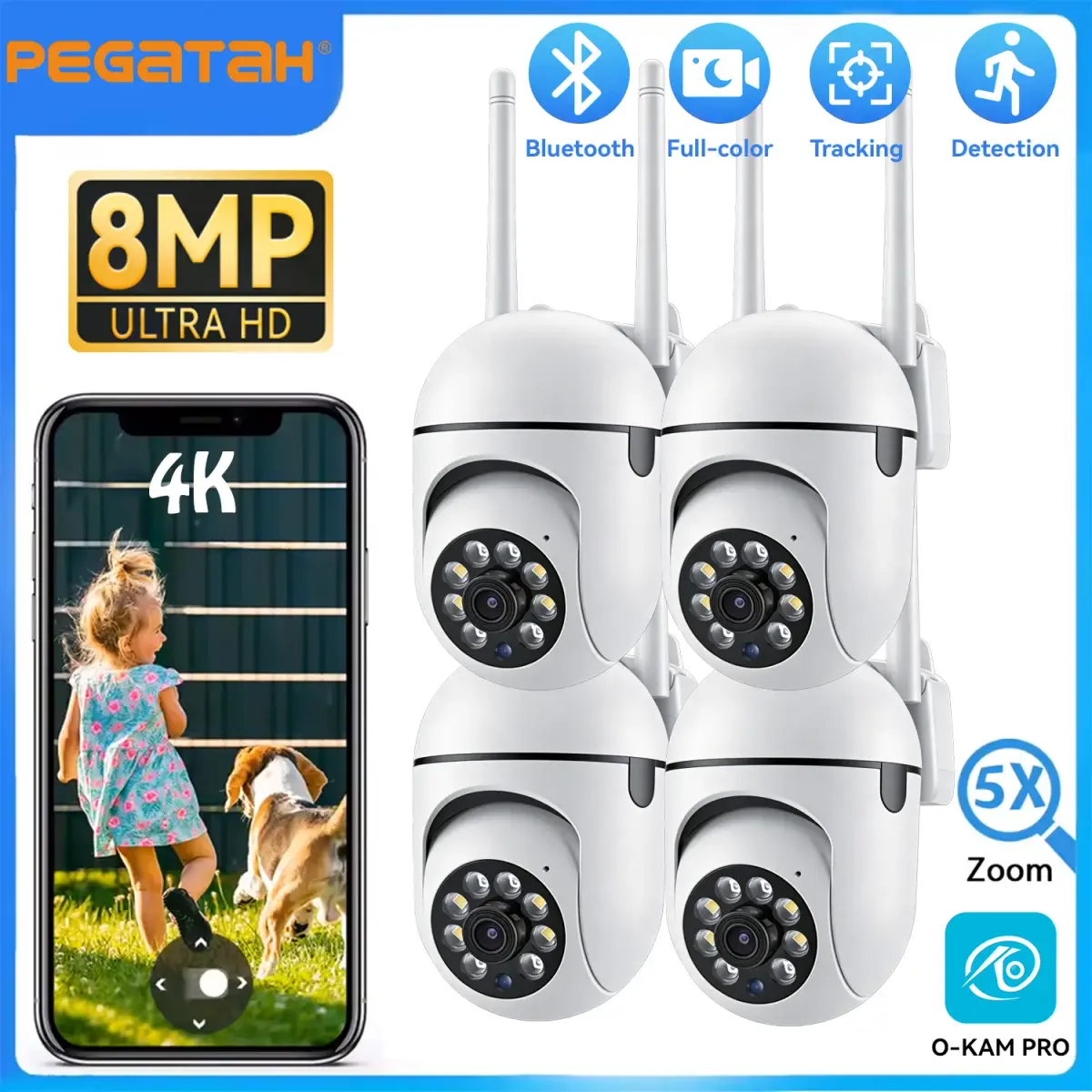 Câmeras de Vigilância Wifi 2.4G 8MP, Monitor de Segurança Interno com Zoom de 5.0X, Alarme Sem Fio O-Kam Pro