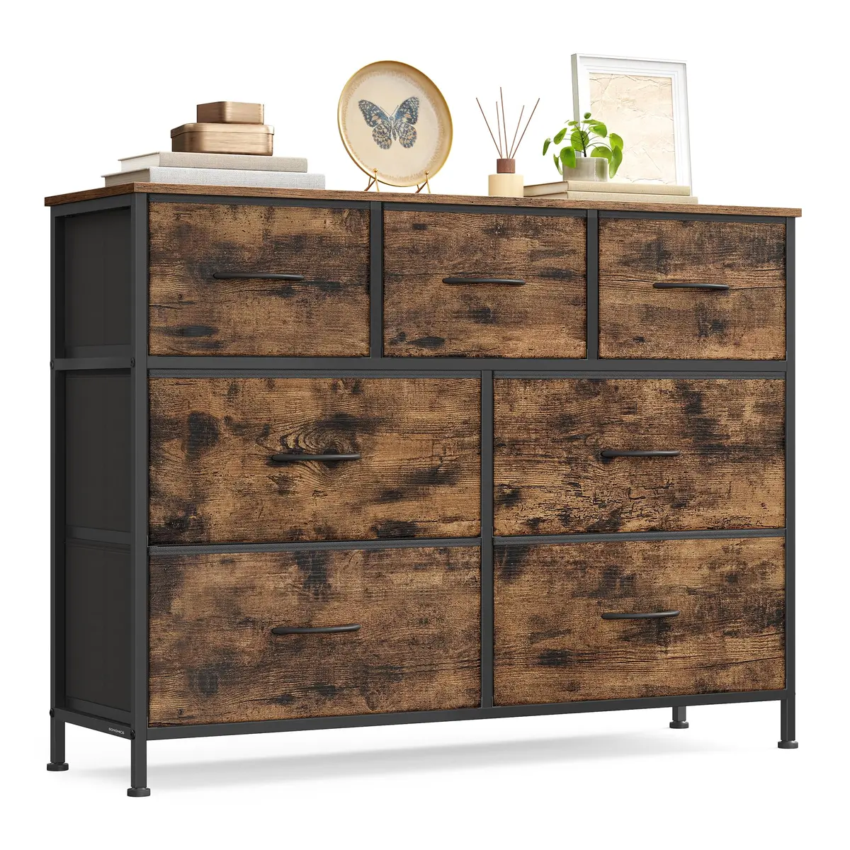 SONGMICS Cômoda com 7 Gavetas de Armazenamento, Unidade de Armazenamento em Aço, MDF e Tecido Não Tecido, para Quarto, Closet, Corredor, Sala de Estar, Marrom Rústico e Preto Tinta BRLGS323BH04 - 1