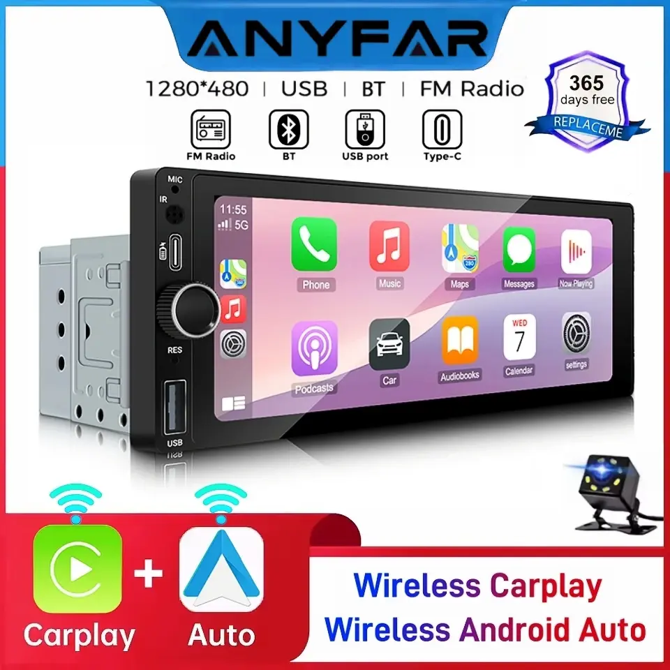 Anyfar 6.86 "1280*480 1 din mp5 player rádio do carro sem fio carplay android auto multimídia player 1din fm rádio automático estéreo - 1
