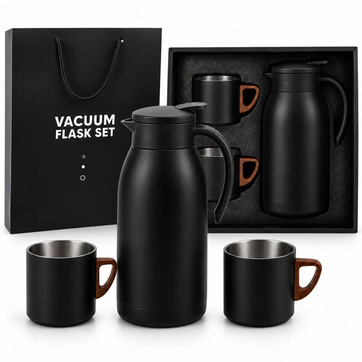 Garrafa Térmica Inox 900ml com 2 Copos, Kit Café Elegante e Ideal Presente | Conservação térmica de 12 a 24h, acabamento elegante, pegada confortável, caixa pronta para presente - 1