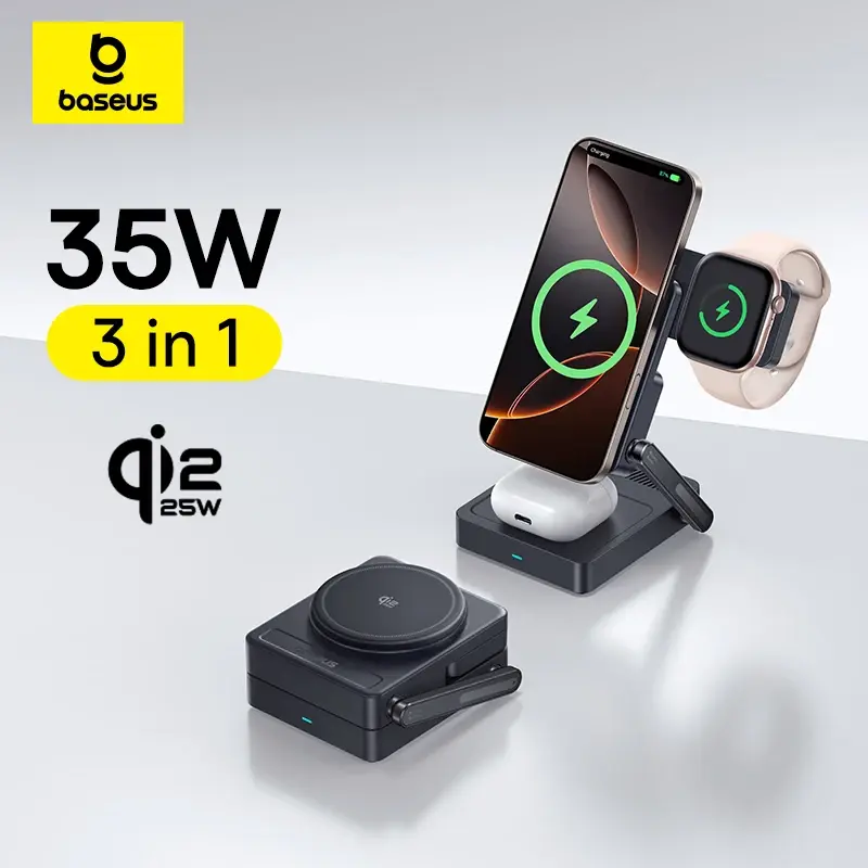 Carregador Sem Fio Magnético Baseus 3 em 1 Qi2.2 25W Carregamento Rápido para iPhone 17 16 15 14 Apple Watch Fones de Ouvido AirPods Pro iWatch