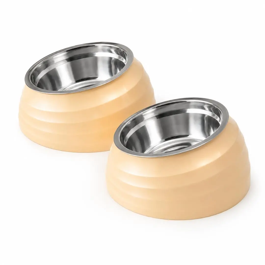 Kit 2 Comedouros Bege Claro 400ml com Tigela Inox Removível | Base em PP, 19 x 14 x 9 cm, Tigela Removível, Tons Pastel, Para Gatos - 1