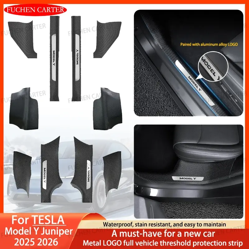 Protetor de Soleira de Porta Dianteira e Traseira em Metal com LOGO para Tesla Model Y Juniper 2025 2026, Faixa de Proteção Anti-chute, Acessório Automotivo