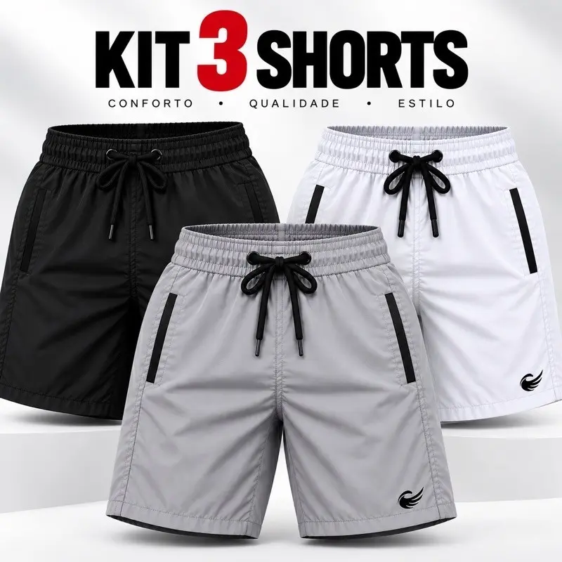 kit 3 Bermudas Masculina short tactel elastano masculino com logo refletivo
