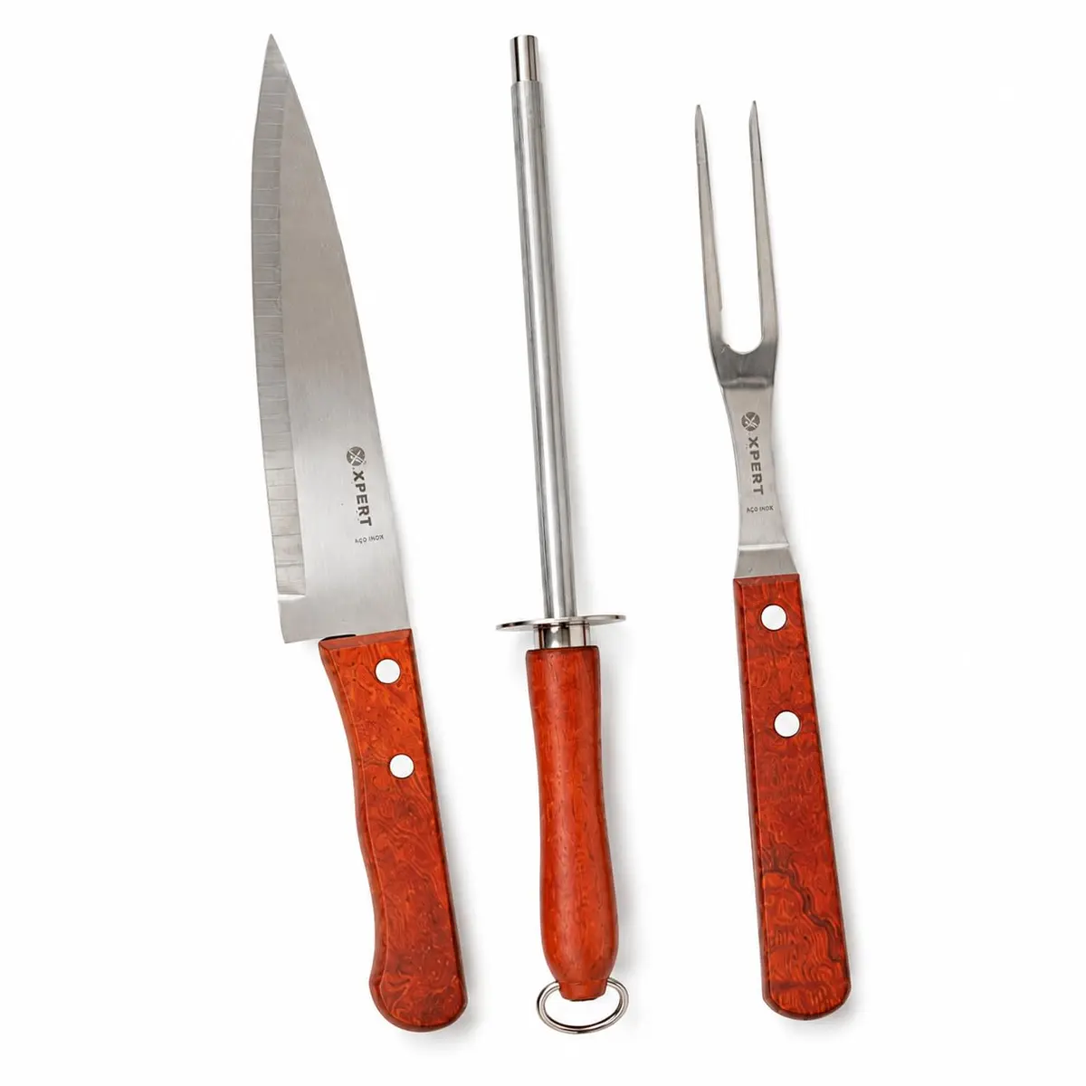 Kit Churrasco 3 Peças Inox e Madeira – Faca, Garfo e Chaira | Aço Inoxidáve Praticidade, apoio no corte, manutenção do fio, pegada confortável, elegante, Cabo de Madeira, 3 Peças