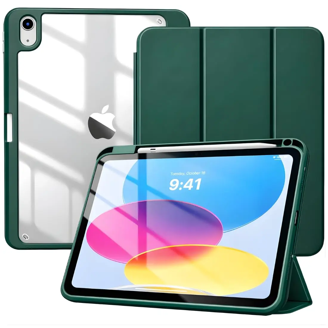 DECART Capa para iPad 9ª/8ª/7ª Geração 10,2” 2021/2020/2019 – Verde Escuro | Case Slim Magnética, Traseira Transparente, Despertar Automático, Suporte Ajustável, Porta Pencil