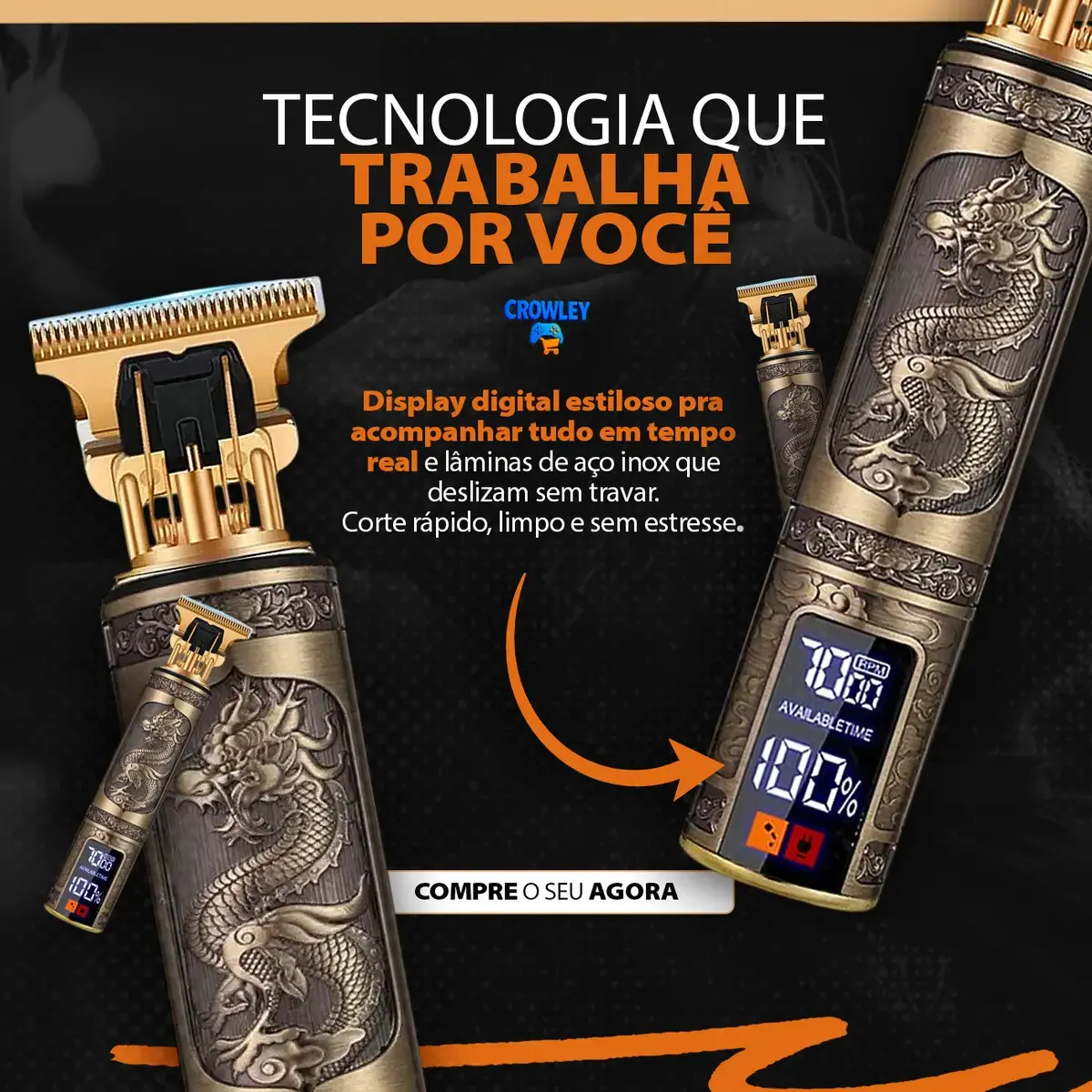 Maquina Maquininha Dragao Acabamento Com visor Display Cortar Cabelo Aparador Barba Pelos Elétrica Sem Fio Recarregavel - Crowley thumbnail 3