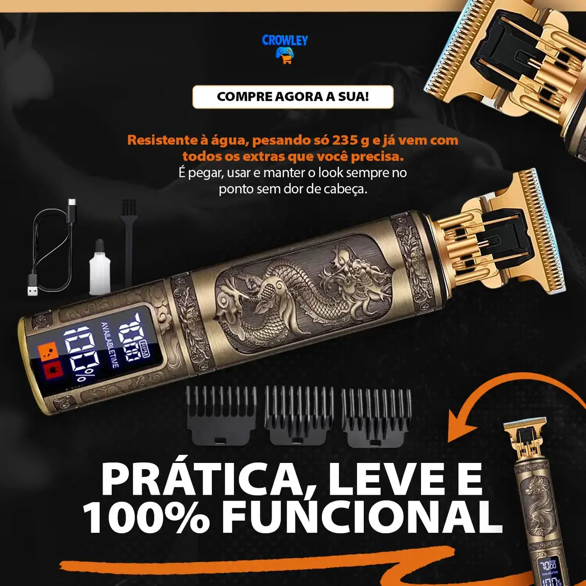 Maquina Maquininha Dragao Acabamento Com visor Display Cortar Cabelo Aparador Barba Pelos Elétrica Sem Fio Recarregavel - Crowley thumbnail 5