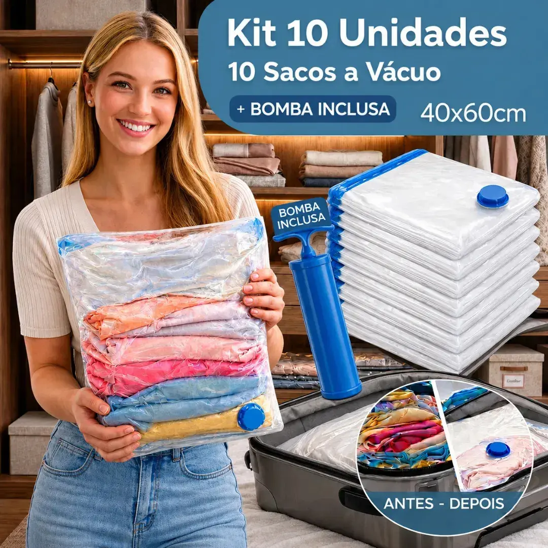Kit 10 Sacos A Vácuo 40cmx60cm Kit Com Bomba Organizador De Roupas Viagem Casa Mala Otimização De Espaço - 1