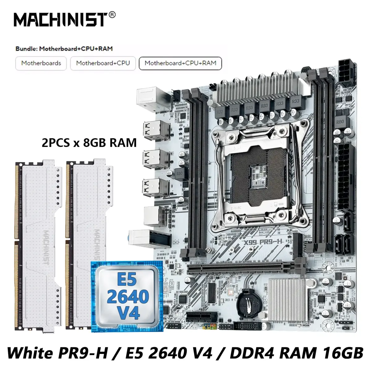 Kit de Placa-Mãe MACHINIST Branca X99 com CPU Xeon E5 2640 V4 LGA 2011-3 Opcional, Memória RAM DDR4 2*8G=16GB, Combo NVME/SATA M.2 PR9-H - 1
