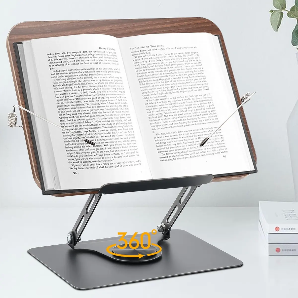 Apoio de Leitura Livro, Apoio de Leitura, Suporte Leitura, Suporte Livro, Suporte para Livros, Suporte para Livros Leitura, Rotação de 360°, Designs Dobráveis e Clipes Elásticos, Estante de leitura