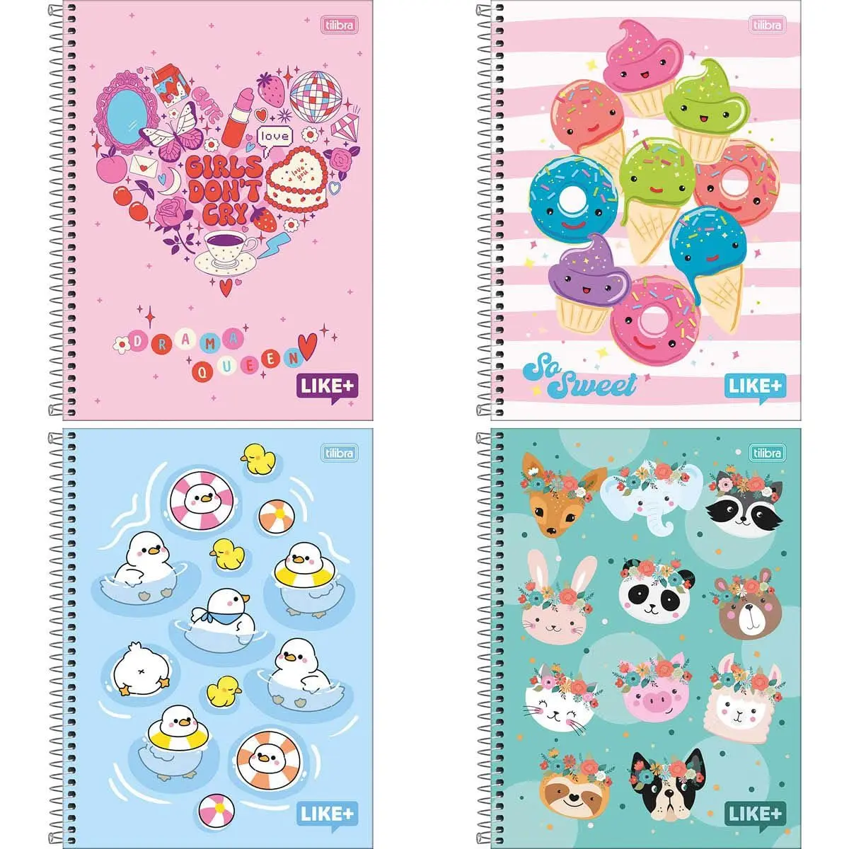 Kit com 4 Cadernos de 1 Matéria, Tilibra, Capa Dura, Like+ Feminino, 96 Folhas, Capas Sortidas