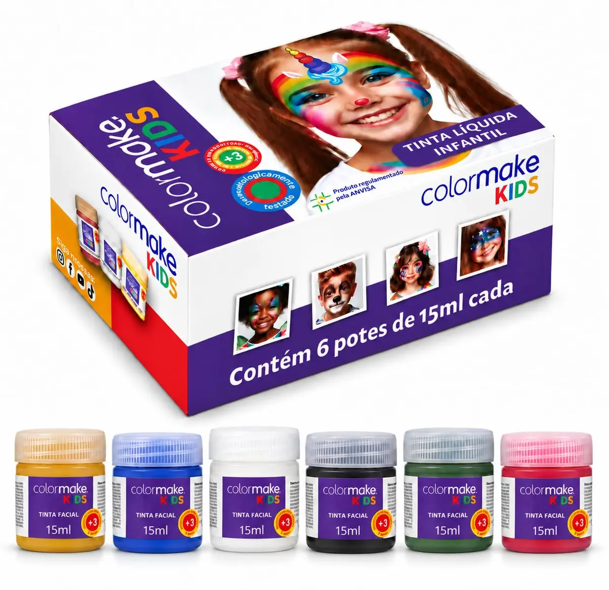 Tinta Líquida para Pintura Facial Colormake Kids, 6 Cores, 15ml | Cartela com 6 Unidades