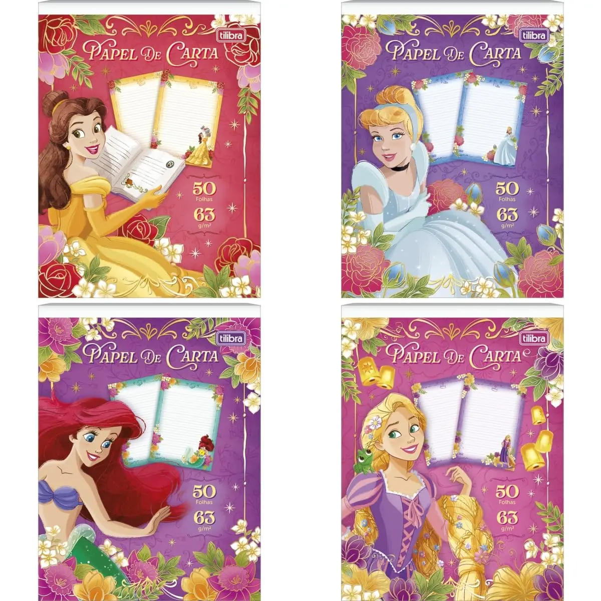 Blocos de Papel de Carta Tilibra, Princesas, Pack com 8 Unidades | 50 Folhas, 63g - 1