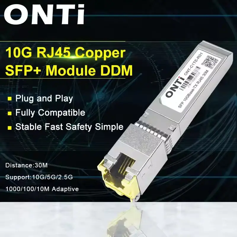 Módulo ONTi 10G RJ45 Cobre SFP + 10GBase-Tx Ethernet Fibra Óptica FTTH Compatível com Switch Cisco/Mikrotik 30m / 80m