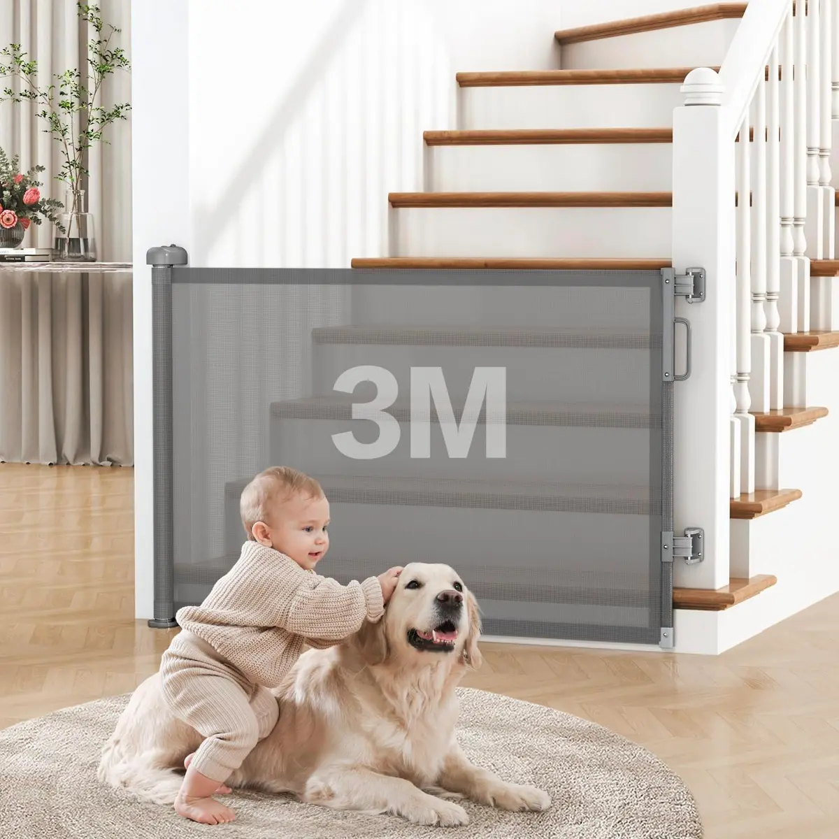 Portão de Segurança Retrátil para Bebês e Pets, 86 cm x 3 m, Tela PVC, cinza