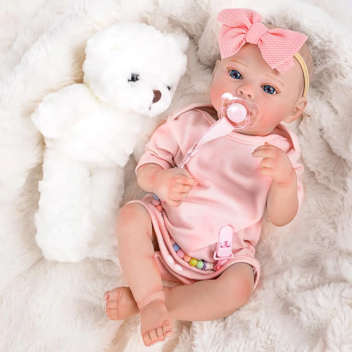 Boneca Bebe Reborn Menina Corpo de Silicone Realista Cabelo Pintado Pode dar Banho 48cm Olhos Azuis (Rosa Menina) - 1