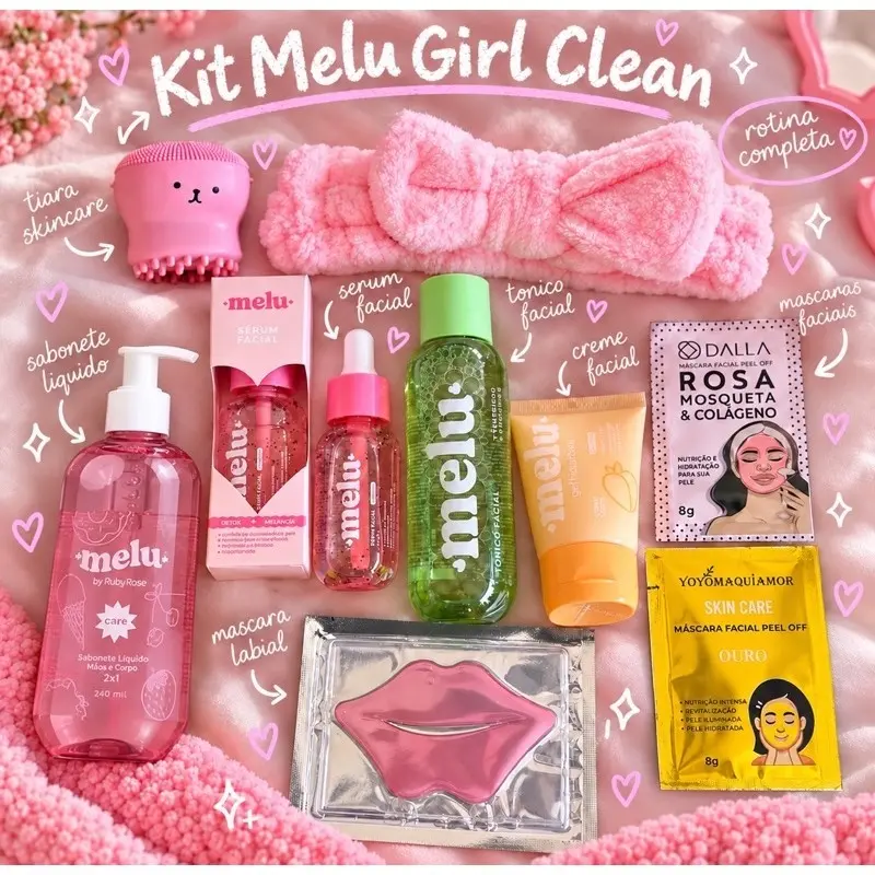 Kit Skincare 9 itens Feminino Completo Com Sabonete Líquido Mousse Micelar Tiara E Máscaras