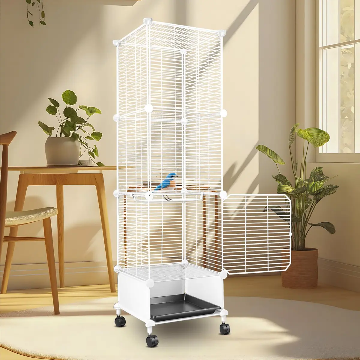 130 * 37 * 37 cm Gaiola Grande para Papagaios, Viveiro para Papagaio com Prateleira, Gaiola para Pássaros com Rodízios Giratórios, Gaiola de Periquito de Metal com Bandeja Deslizante
