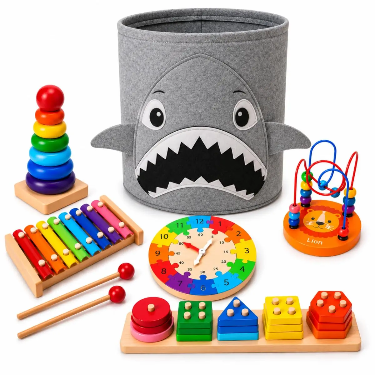 Kit Educativo Montessori 6 em 1 de Madeira com Organizador (Tubarão) | Organizador Tubarão- Torre - Xilofone - Relógio - Encaixe Formas - Ábaco
