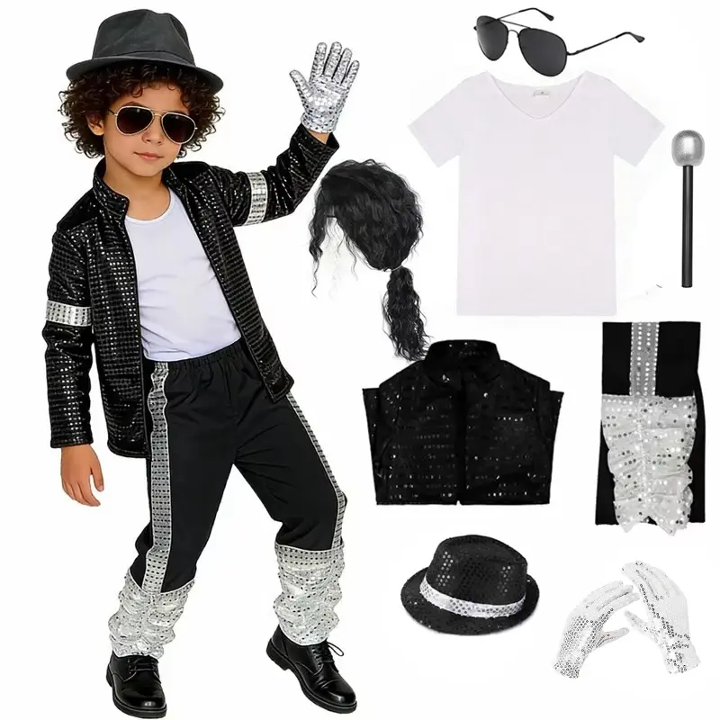 Traje de Performance Retrô de Estrela do Pop para Meninos, Conjunto Completo de Roupas Pretas e Prateadas com Lantejoulas, Fantasia de Festa Hip Hop para Halloween Infantil