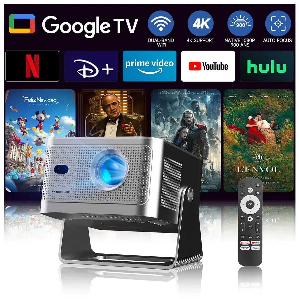 Projetor Magcubic HY350MAX HY350GTV 900 ANSI com Google TV, resolução nativa 1080p, foco automático, portátil, Android, para home theater.