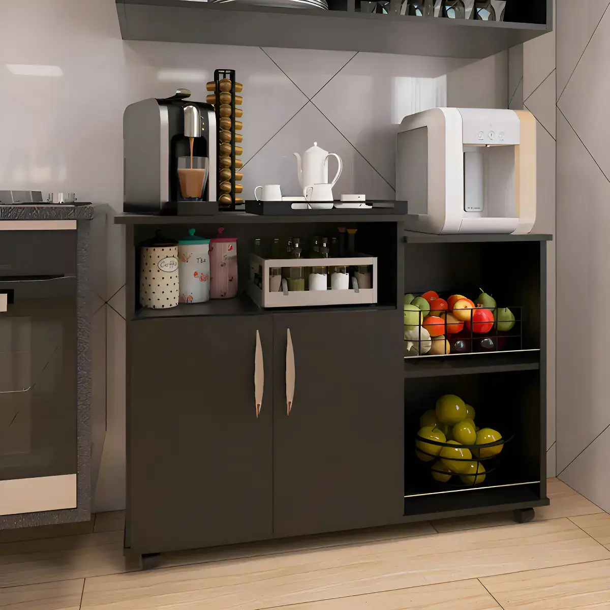 Fruteira Armário para Cozinha Balcão Para Cafeteira E Forno Cor Preto Nova Decor thumbnail 2