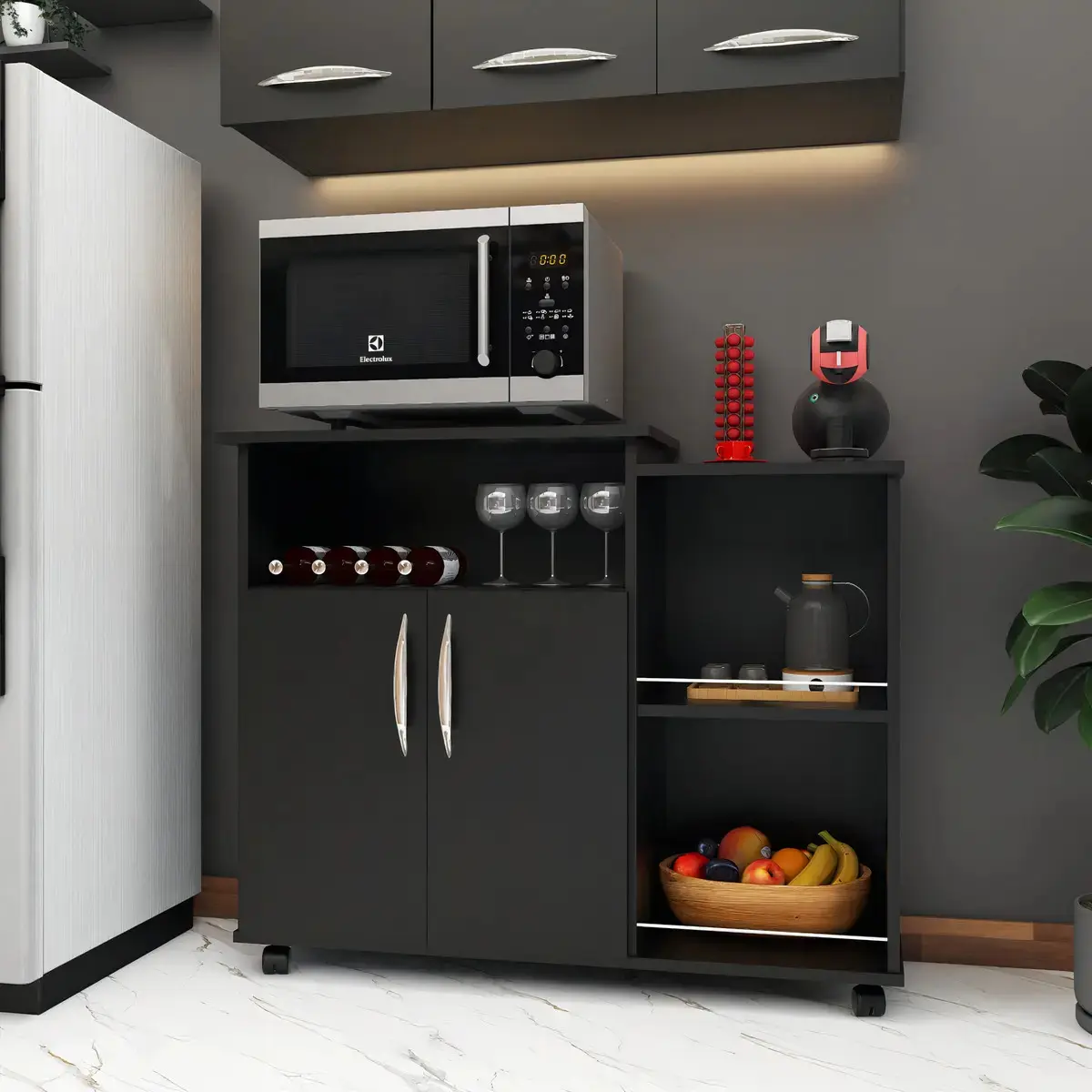 Fruteira Armário para Cozinha Balcão Para Cafeteira E Forno Cor Preto Nova Decor thumbnail 3