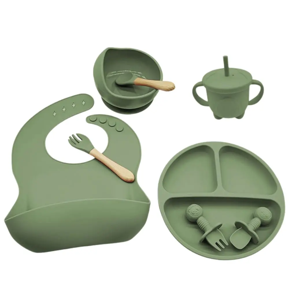Kit Introdução Alimentar Bebê Silicone 8 Peças Prato Bowl Copo Babador Talheres - BPA Free (Verde) - 1