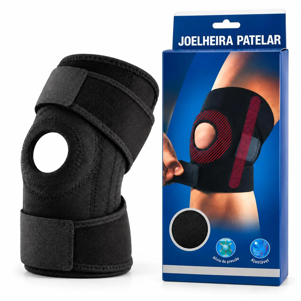 Joelheira De Compressão Ortopédica Preta Patelar Reforçada - Esportes e Proteção - Faixa Ajustável Bilateral - 1