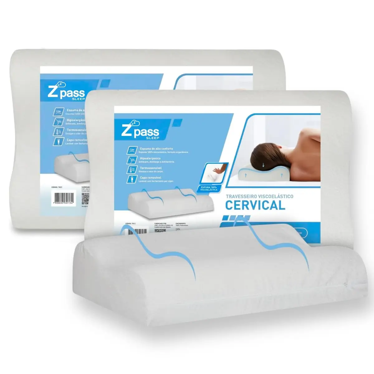 Z Pass Sleep Kit 2 peças Travesseiro Nasa Ortopédico Cervical Alto 14/12cm Premium D40 Capa Percal 180 fios 100% algodão Hipoalergênico para fronhas 50x70cm - Branco