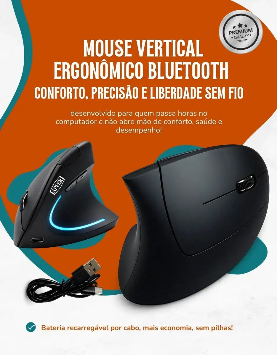 Mouse Vertical Ergonômico Sem Fio Recarregável Bluetooth e USB 2.4G – RGB, Silencioso, DPI Ajustável, Reduz Tensão no Pulso, Portátil e Confortável – Compatível com Notebook, PC, Windows e Mac - Apfer thumbnail 2