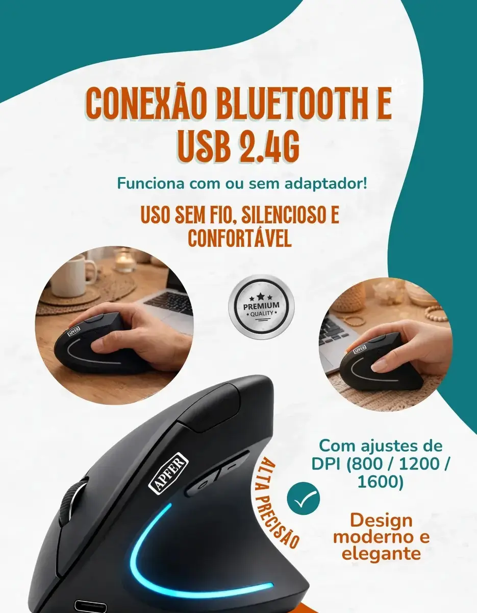 Mouse Vertical Ergonômico Sem Fio Recarregável Bluetooth e USB 2.4G – RGB, Silencioso, DPI Ajustável, Reduz Tensão no Pulso, Portátil e Confortável – Compatível com Notebook, PC, Windows e Mac - Apfer thumbnail 4