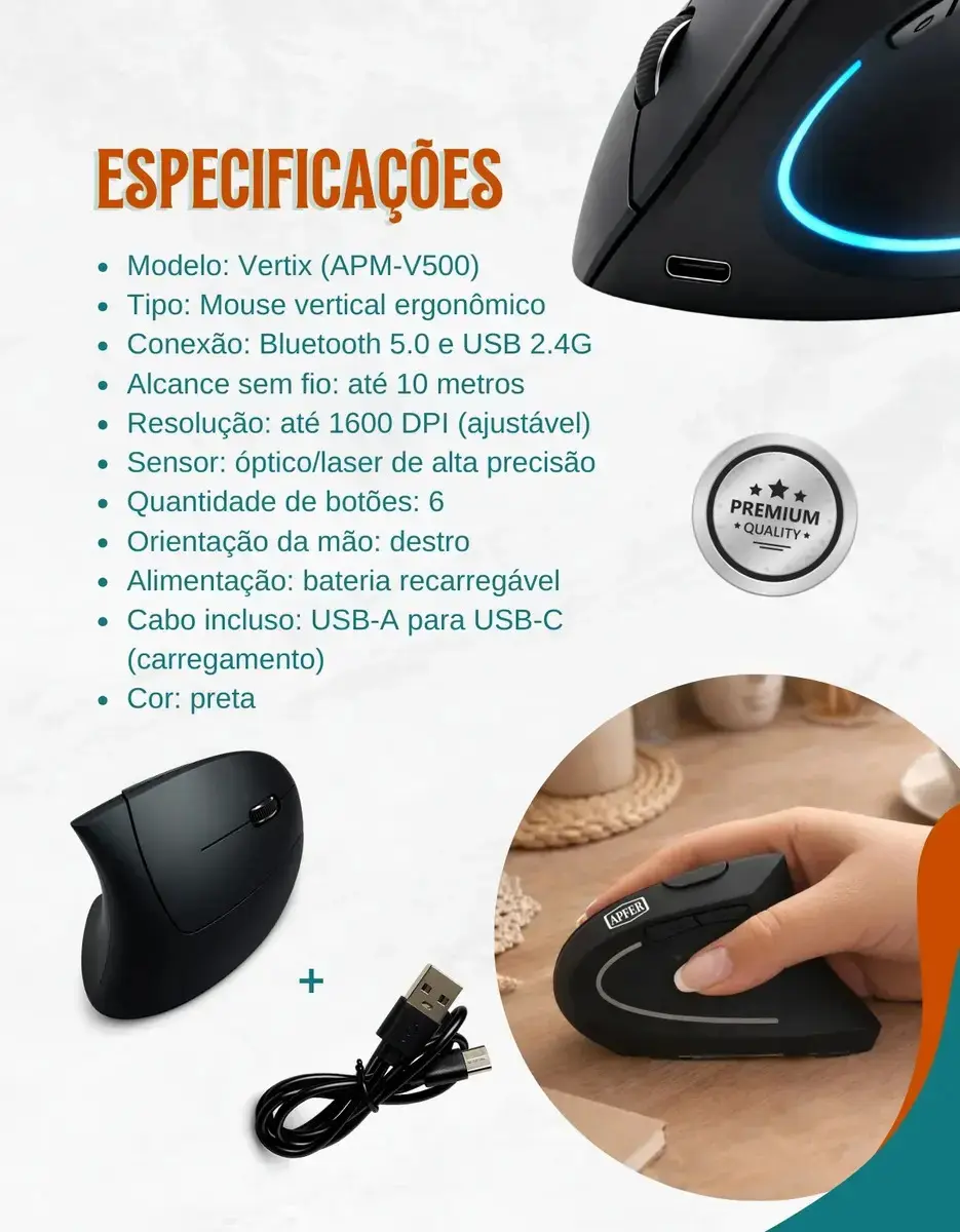 Mouse Vertical Ergonômico Sem Fio Recarregável Bluetooth e USB 2.4G – RGB, Silencioso, DPI Ajustável, Reduz Tensão no Pulso, Portátil e Confortável – Compatível com Notebook, PC, Windows e Mac - Apfer thumbnail 5