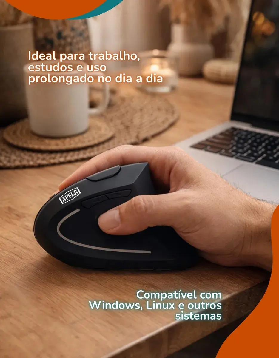 Mouse Vertical Ergonômico Sem Fio Recarregável Bluetooth e USB 2.4G – RGB, Silencioso, DPI Ajustável, Reduz Tensão no Pulso, Portátil e Confortável – Compatível com Notebook, PC, Windows e Mac - Apfer thumbnail 6