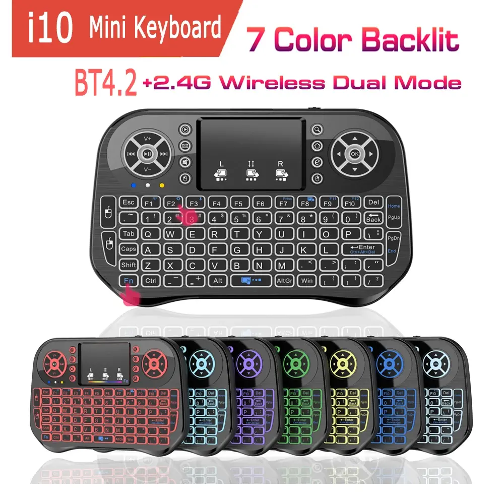 Teclado Mini I10 I8 Sem Fio, Modo Duplo BT4.2 2.4G, Mouse Aéreo Retroiluminado com 7 Cores e Touchpad para Android TV Box, Stick, PC, Pad e Projetor