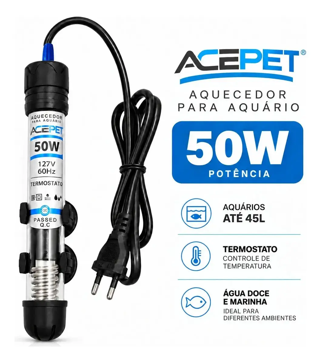 Termostato Aquecedor Ace Pet 50W Submersível para Aquário até 45 Litros com Controle de Temperatura e Aquecimento da Água