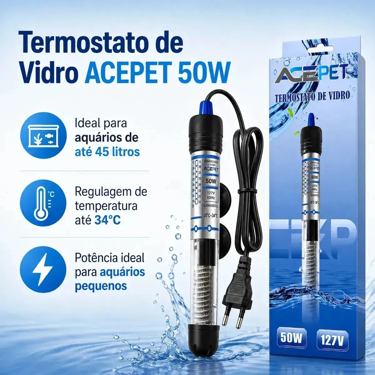 Termostato Aquecedor Ace Pet 50W Submersível para Aquário até 45 Litros com Controle de Temperatura e Aquecimento da Água thumbnail 7
