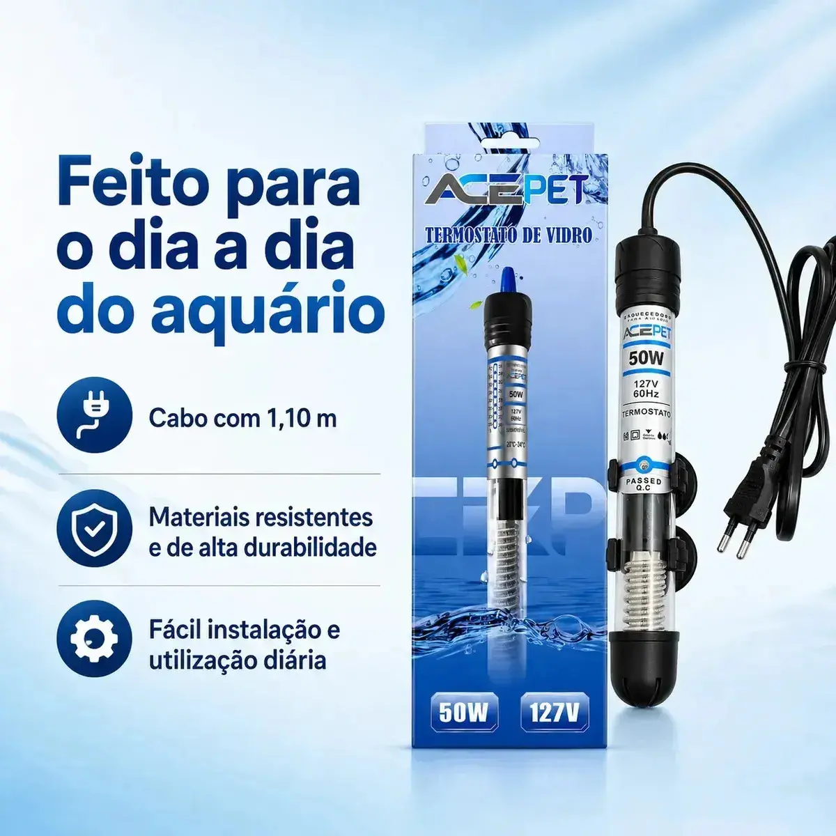 Termostato Aquecedor Ace Pet 50W Submersível para Aquário até 45 Litros com Controle de Temperatura e Aquecimento da Água thumbnail 8