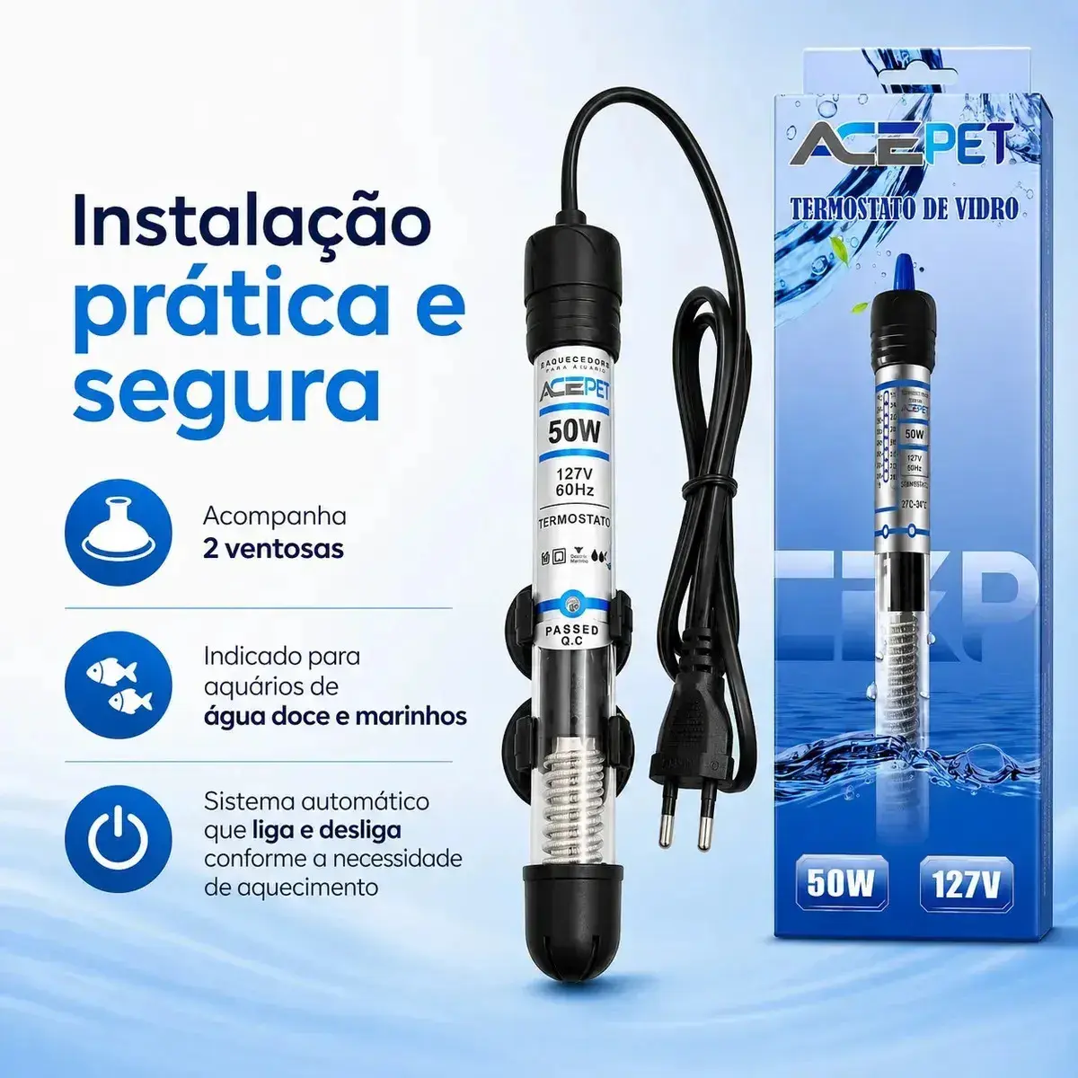 Termostato Aquecedor Ace Pet 50W Submersível para Aquário até 45 Litros com Controle de Temperatura e Aquecimento da Água thumbnail 9