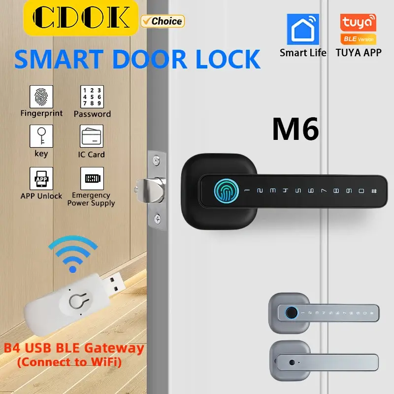 CDOK 2025 M6 Fechadura Inteligente Bluetooth Tuya - Fechadura de Porta com Impressão Digital e Senha com Múltiplos Métodos de Desbloqueio