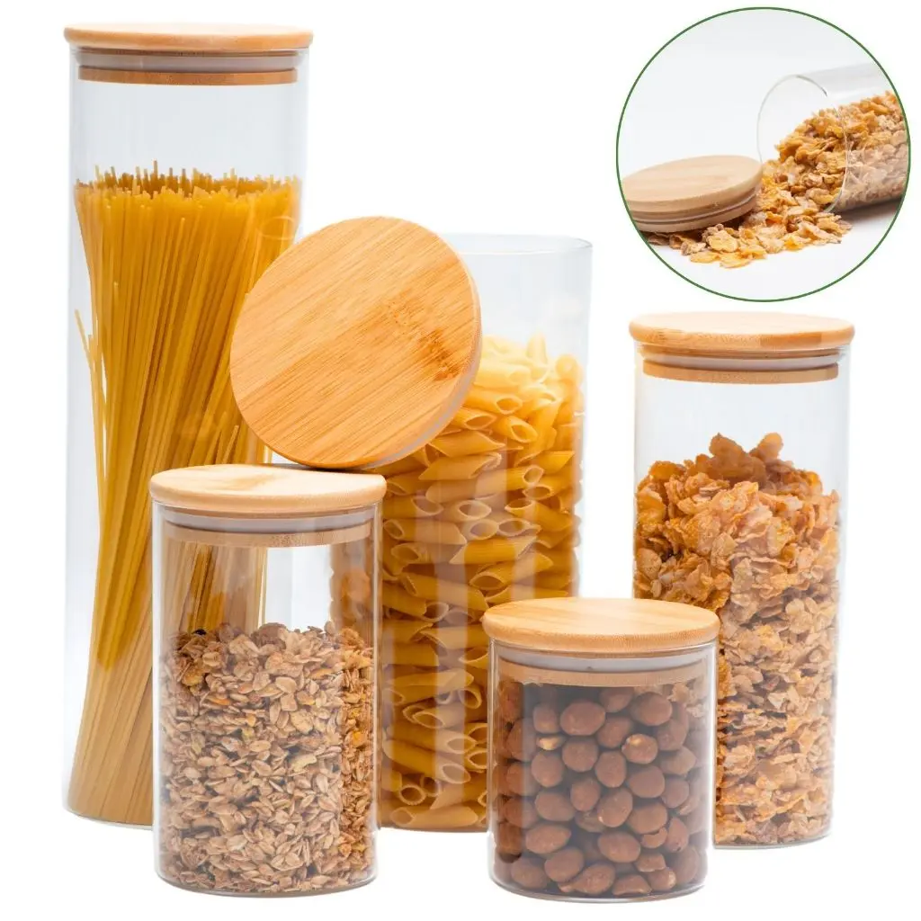 05 Potes de Vidro Hermético Transparente Tampa Bambu Porta Alimentos - 1