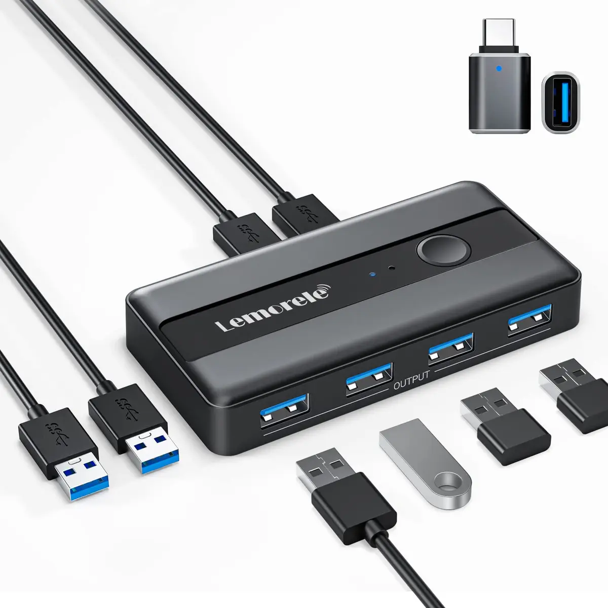 Lemorele USB 3.0 Switch, seletor de USB 3.2 KVM Switch Gen 1 com velocidade de 5 Gbps, switcher 2 entradas e 4 saídas para 2 computadores para compartilhar mouse, teclado, scanner, impressora